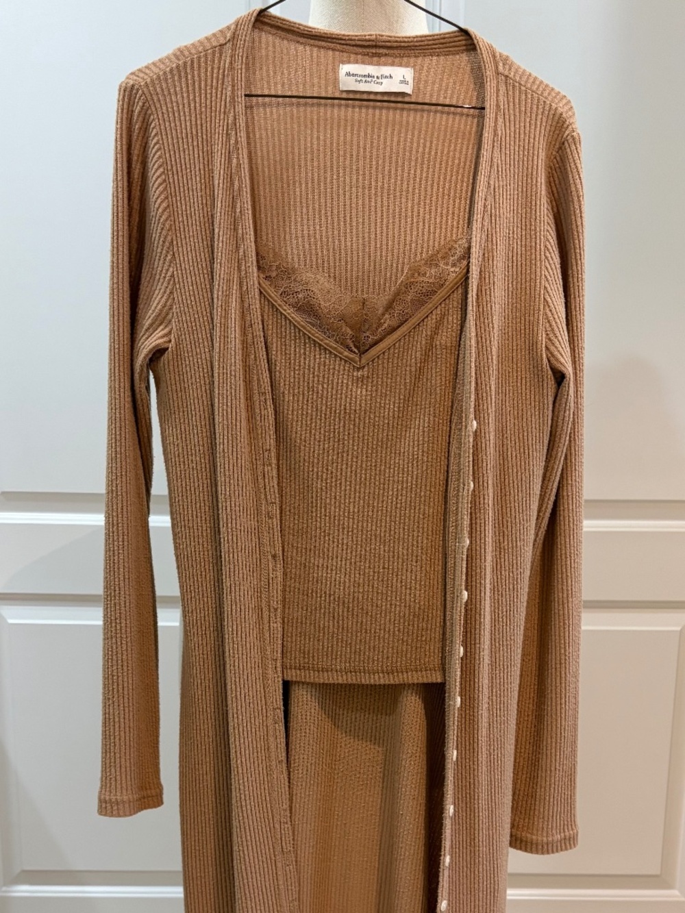 Abercrombie & Fitch Soft A&F Cozy Ribbed Lounge Set Tan Cardigan & Lace Cami Siz